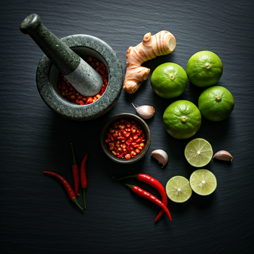 Fresh papaya salad ingredients on a kitchen counter