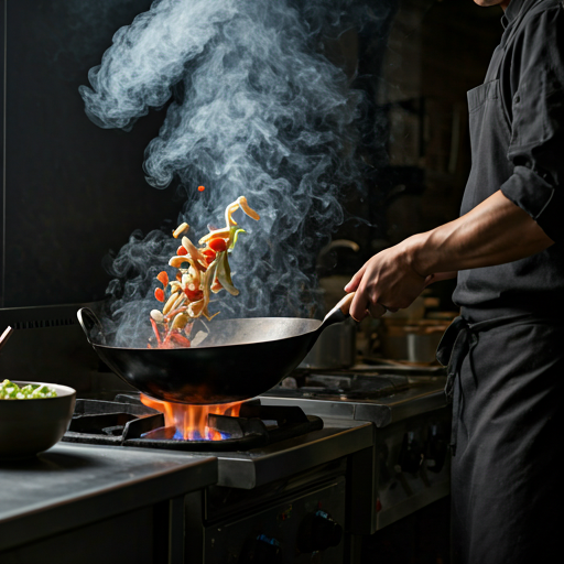 A cook working over a hot wok